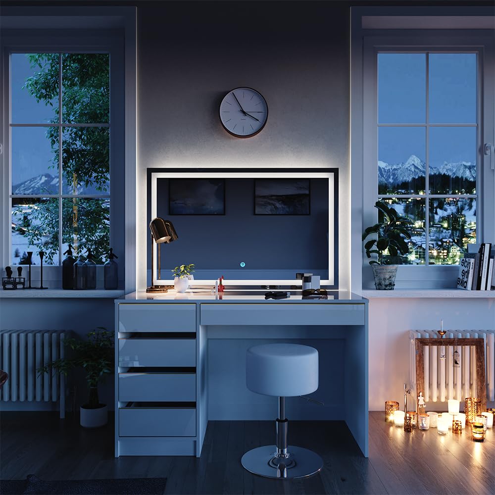 Vicco Tavolino da toilette Sherry, Bianco/Oro, 120 cm | con specchio LED e sgabello, con illuminazione LED e sgabello imbottito