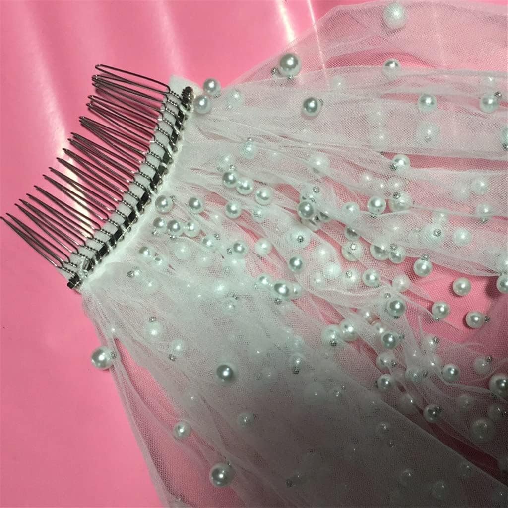 300cm Long Pearls Wedding Veil Tulle 1T Bridal Veil Beaded Bride Veil Ivory Bridal Party Veils with Comb(OneColor)