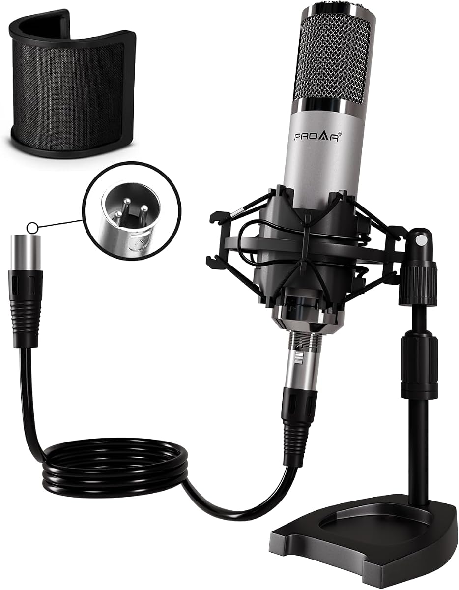 Micrófono de condensador XLR con soporte de escritorio para voces y podcasting | Se requiere alimentación de 48 V. Micrófono de podcast XLR para podcasting, canto y streaming. La configuración del micrófono de estudio reduce la vibración.