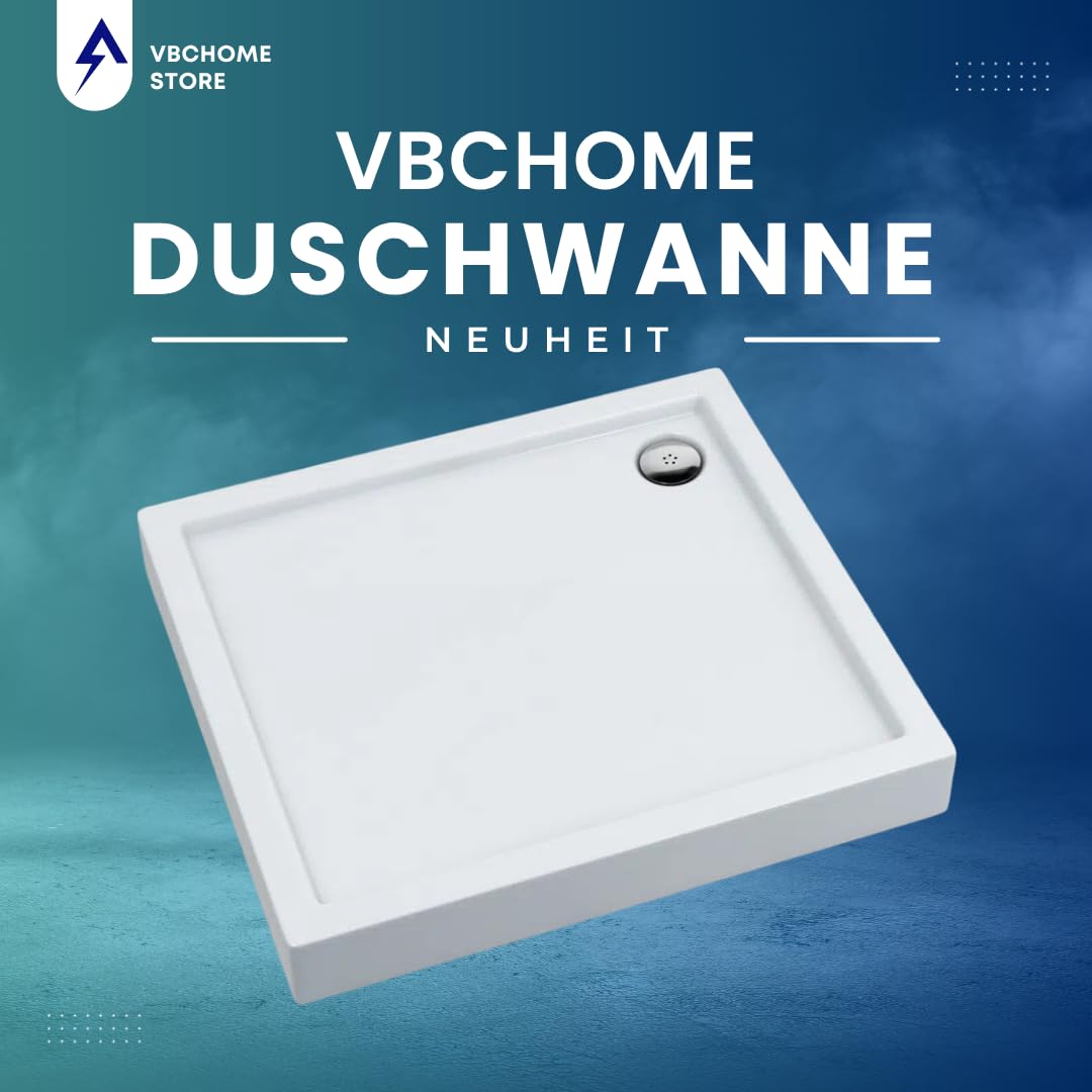 VBChome Acryl-Duschwanne 70x90x14 cm Duschtasse Competia rechteckig für Duschkabine Styroporträger extra flach Sanitär-Acryl Duschbecken stabil weiß + Siphon