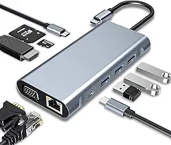 KABEWUS HUB USB C 10 em 1, Docking Station com HDMI 4K, VGA, USB 3.0, Porta USB-C, 100W PD, Ethernet RJ45, Leitor de cartão SD/TF, Compatível com MacBook Pro/Air e outros dispositivos Tipo C