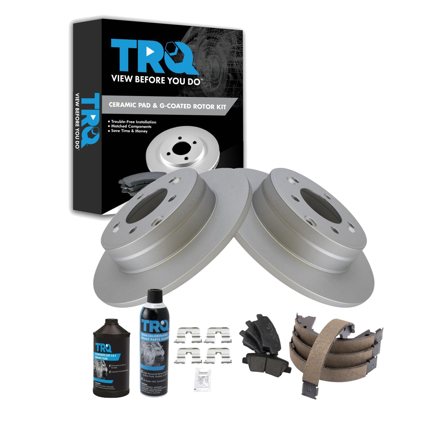 TRQ Rear Brake Pad &amp; Rotor Kit, with Chemical Kit Parking Brake Shoe Set Ceramic Premium G-Coated Compatible with 2015 Hyundai Sonata 2015-2015 Kia Optima