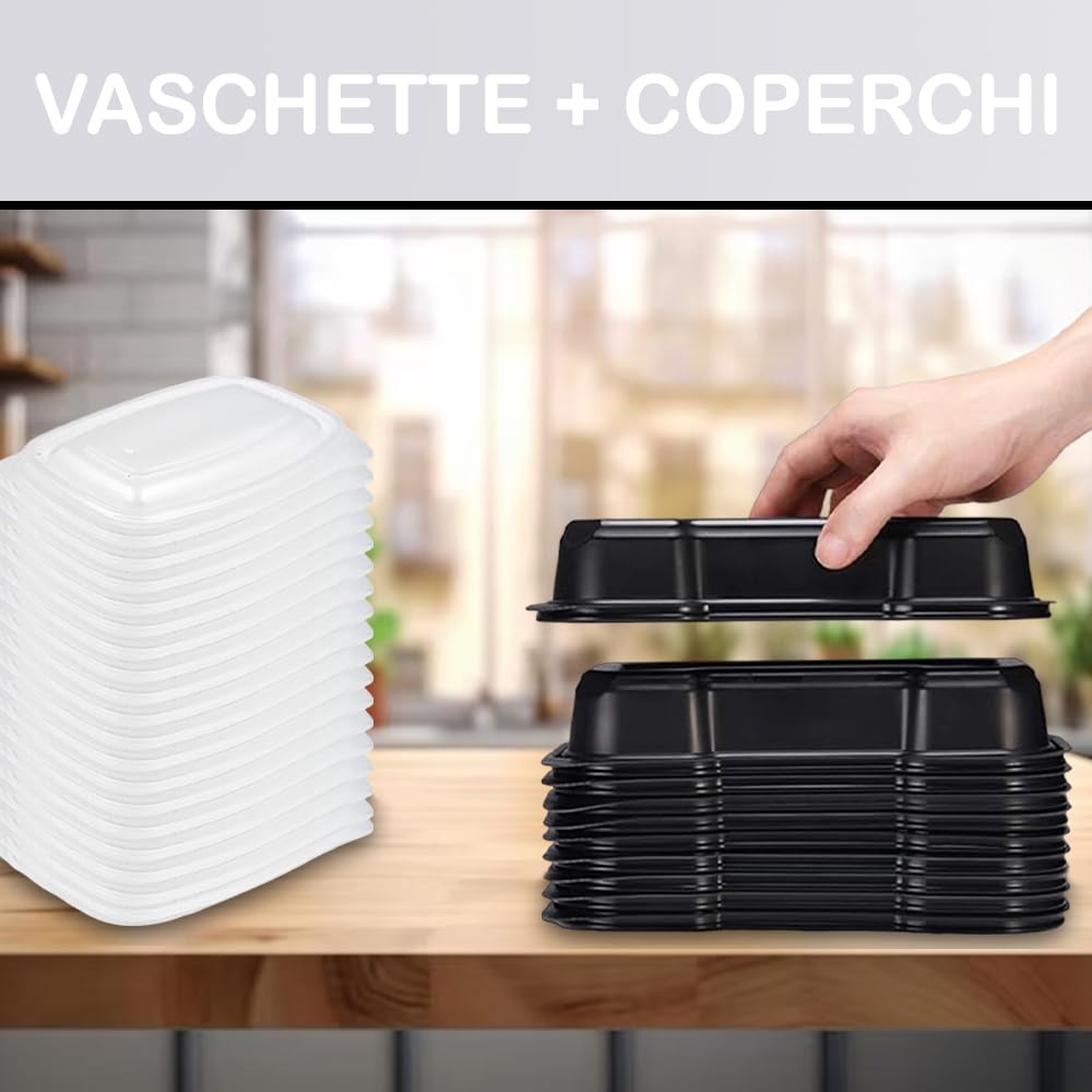 GM 200 Pezzi - Contenitori Ermetici Neri per Alimenti, Formato 500 Ml, Contenitore Termico per Alimenti Caldi Con chiusura Ermetica Salvaliquidi, Utilizzabili in Forno Microonde, Riutilizzabili.