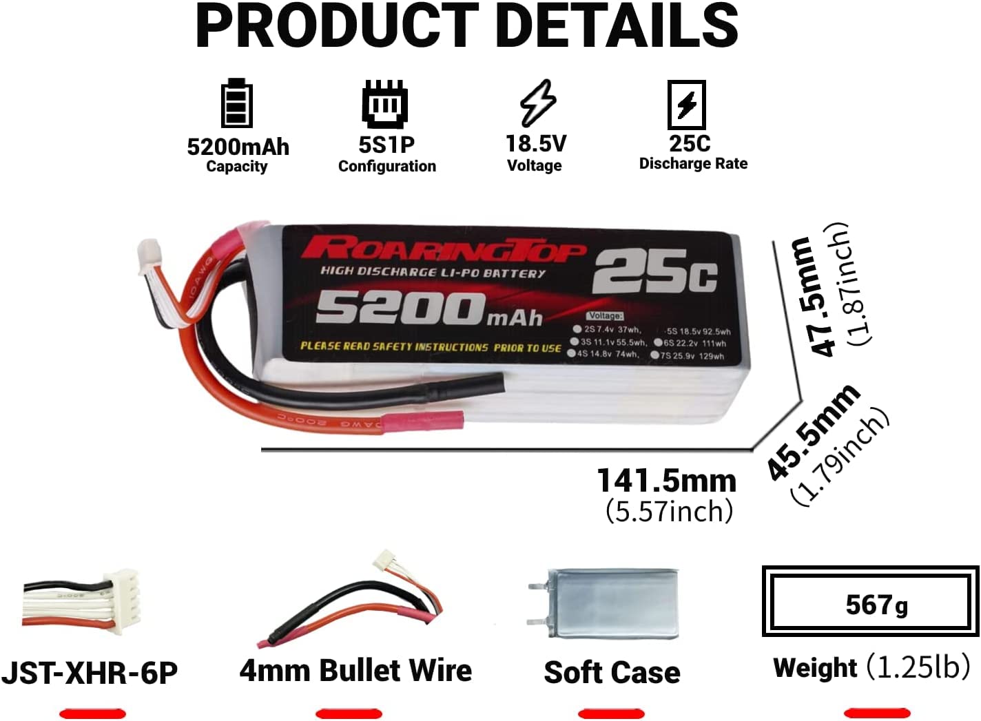 RoaringTop 5200mAh 5S 25C 18.5V RC Lipo Batterie Mit 4mm Bullet Wire (ohne Stecker) Für F3A Modellflugzeug