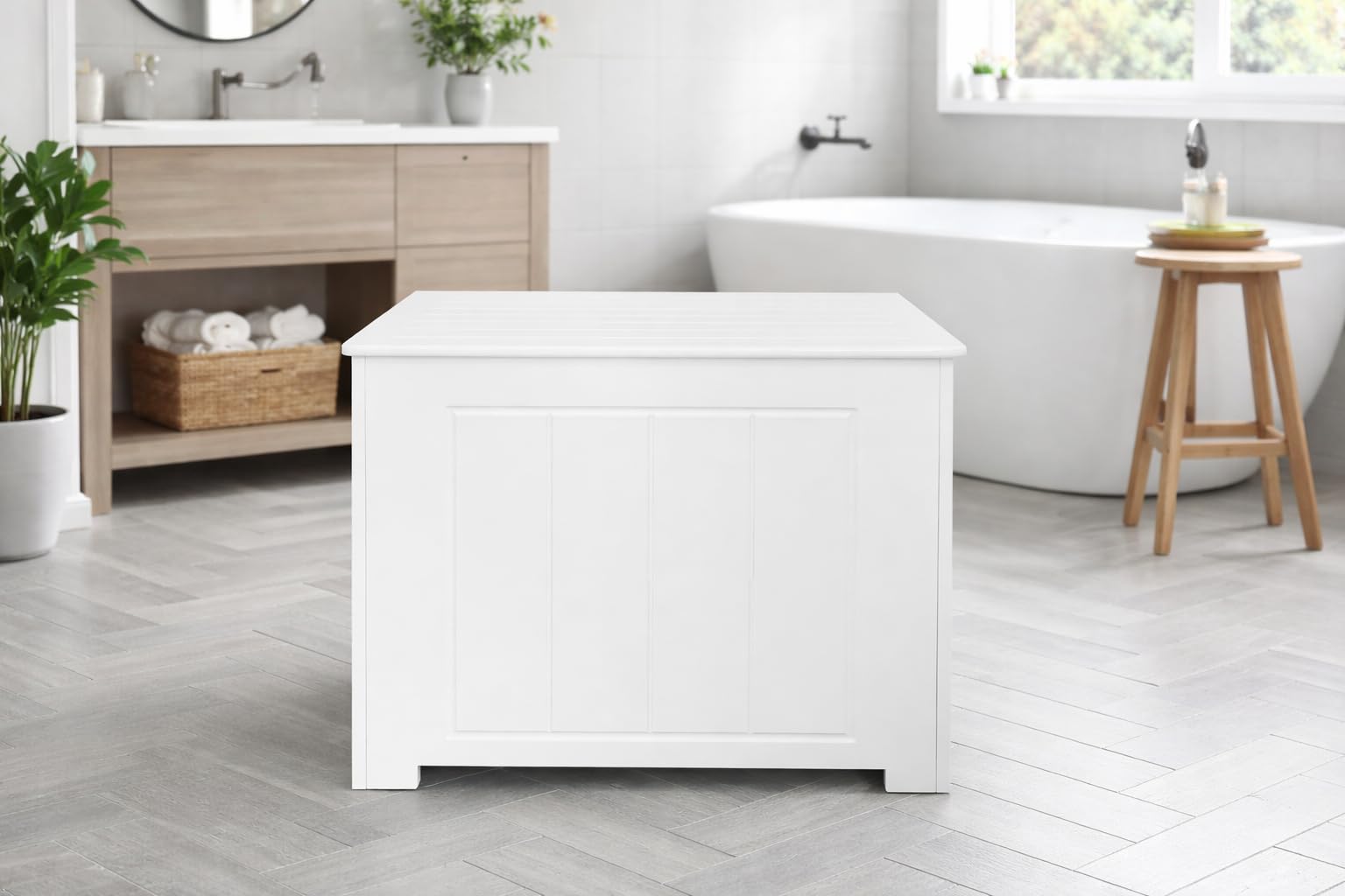 Saxony® Bathroom Storage Unit Slimline Toilet Cabinet Laundry Tidy Box Wooden Small Slim Furniture Toilet Roll Storage White Crisp Finish Cupboard Floor Standing Cabinets White laundry basket