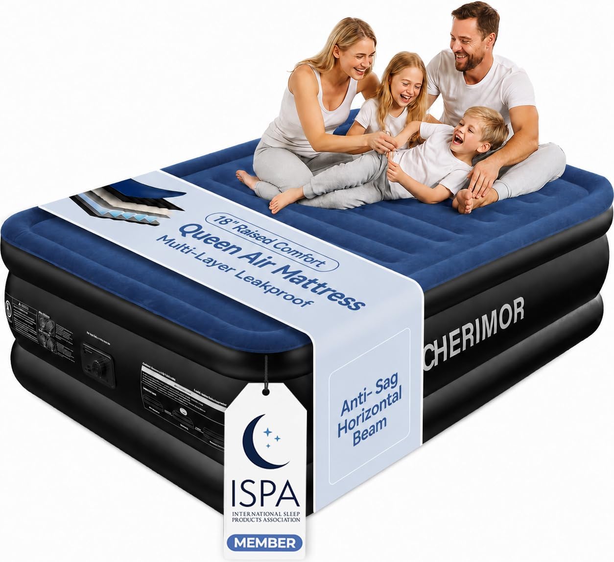 CHERIMOR Queen Air Mattress with Built-in Pump, 18″ Raised Comfort Inflatable Mattress, Multi-Layer Leakproof, 800 lbs Heavy Duty Support, Fast 3-Min Inflation Blow Up Bed for Home, Camping & Guests