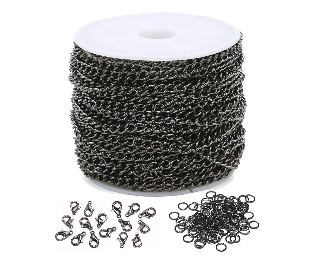 MAHAVIMOKSA 1 Roll 30FT 4x3mm Cable Link Chain with Jump Rings & Lobster Clasps for Necklace Earrings Bracelets Jewelry Making Art Craft (Gun Metal)