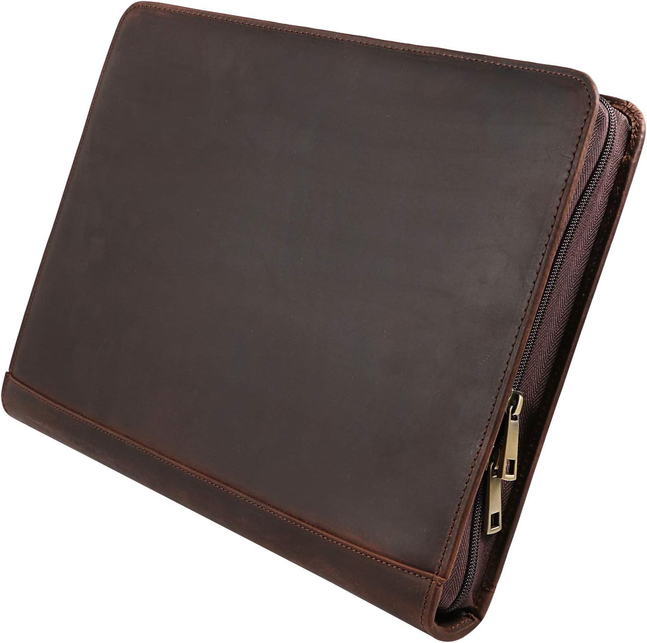 YIWEN Handmade Leather 3 Ring Binder Portfolio, Zippered Padfolio Business Organizer for 13" Tablet and 8.5 x 11 Notepad, Professional Business Travel Organizer (Dark Brown, Crazy Horse Leather)