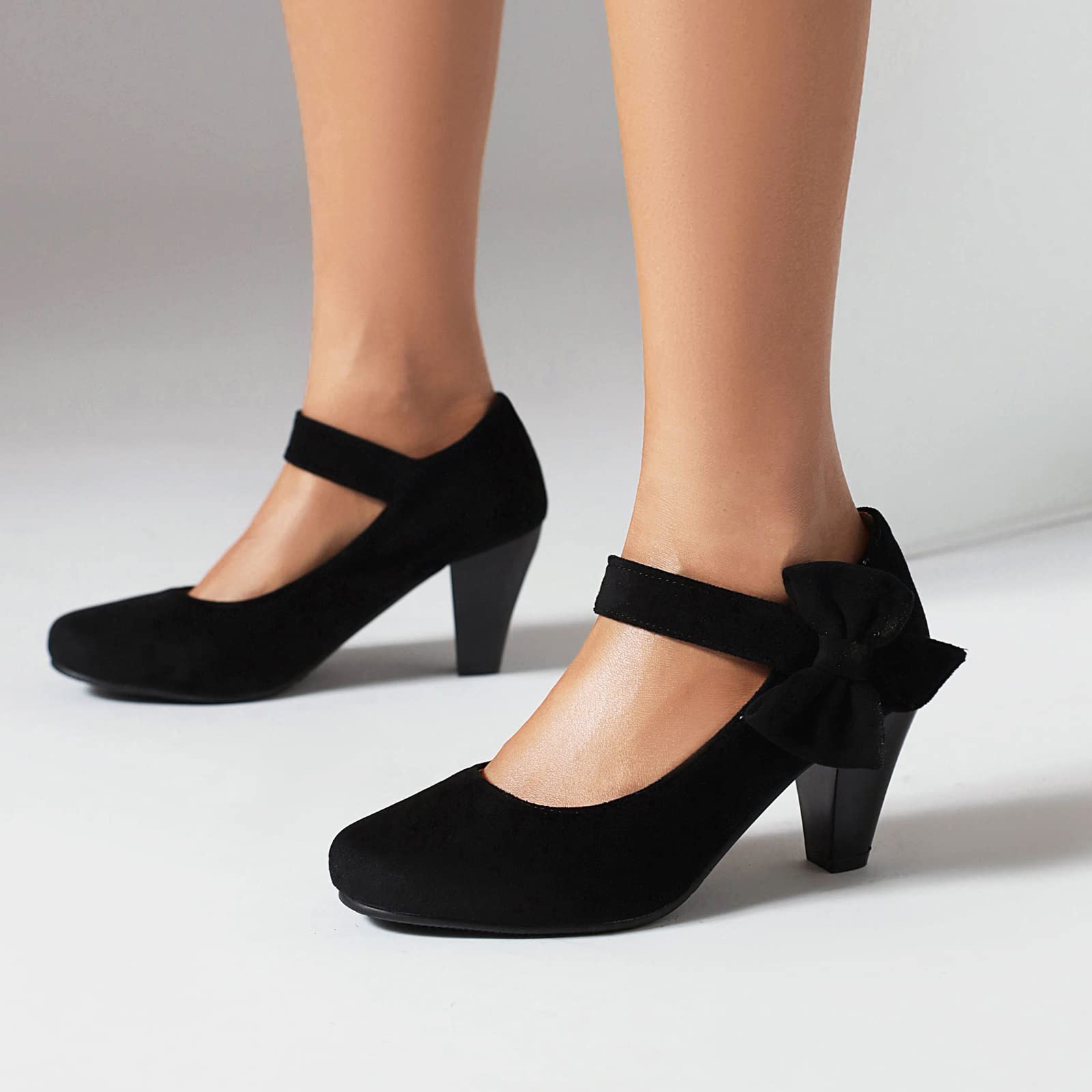 elerhythm Damen Mary Jane Vintage Heels mit Schleife Gatsby 1950er Pumps Closed Toe 1920er Jahre viktorianische Knöchelriemen Faux Wildleder Schuhe