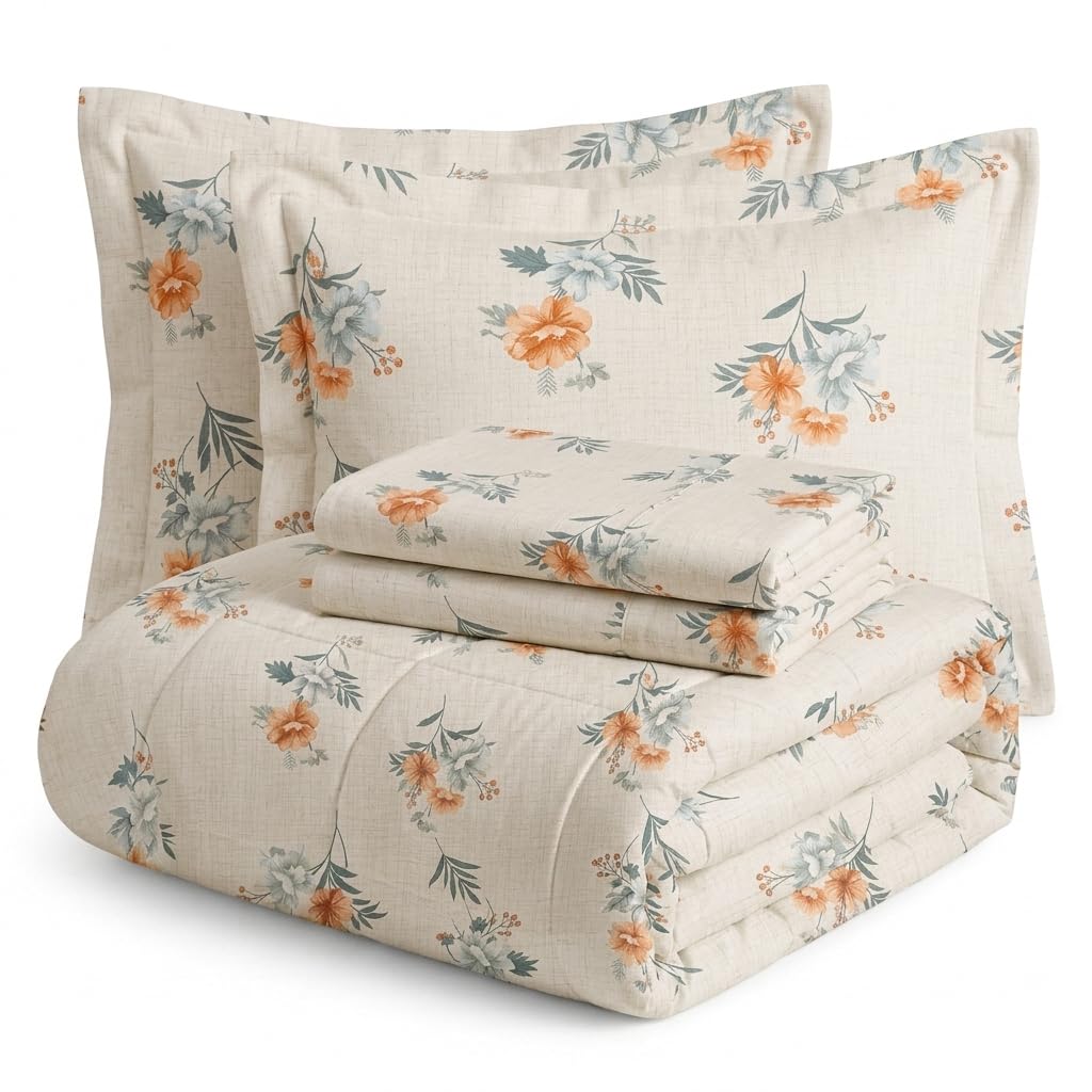 Premium Floral Cotton Double Bed 4 Piece Bedding Set | Comforter with Bedsheet & 2 Pillow Covers | Ultra Soft & Lightweight Quilt for All Seasons | 228x228 cm (Peach Mist)-image-34