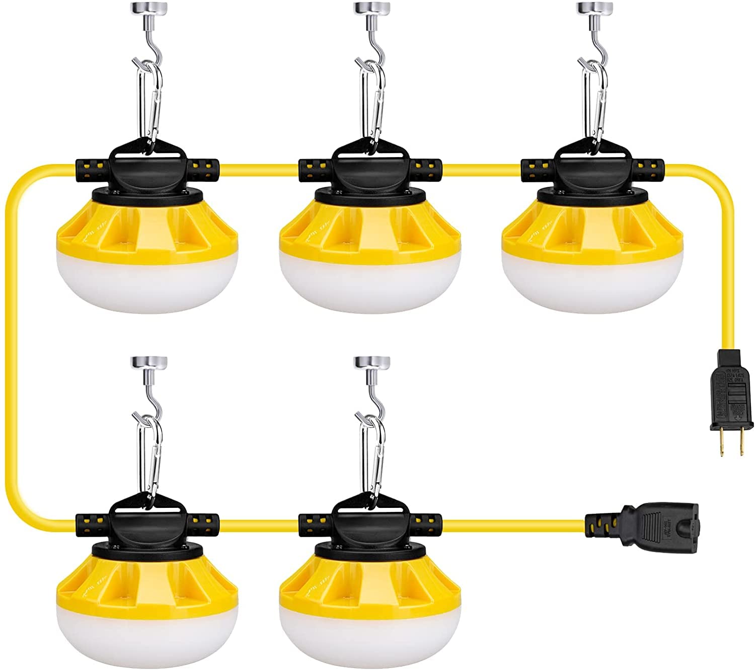 50FT LED Work Light, 50W & 5000LM Construction String Lights, 5 Bulbs LED Work Lights for Jobsite Lighting, Construction Sites, Renovation, Walkways, Patio, Mine cave,Free for Climbing Hook