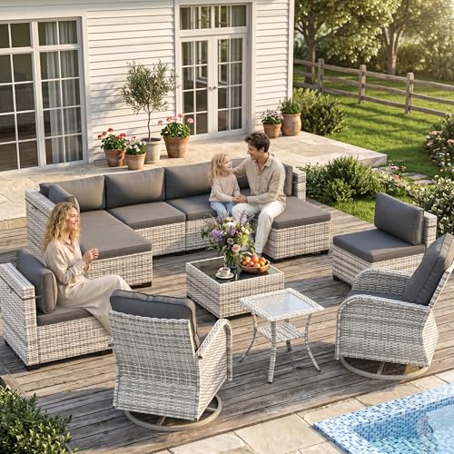 Image of Outdoor PE Wicker Rattan Modular Patio Sectional Sofa Set | 12-Piece: 6 Modular Seats, Coffee Table, 2 Swivel Rocking Chairs, Side Table & 2 Ottomans, Black