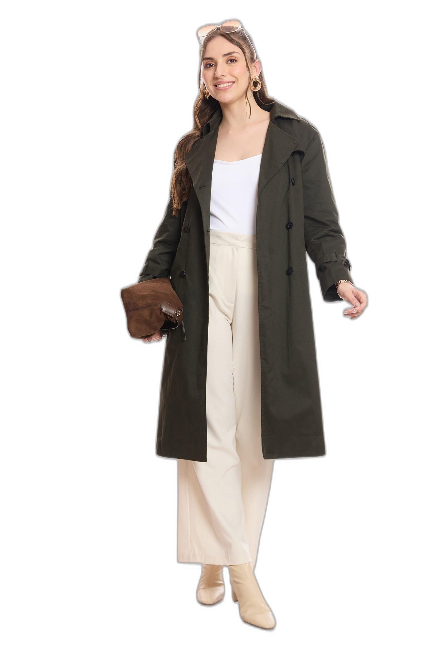 virgio Women's Double-Breasted Belted Long Trench Coat, Green, S, 100% Cotton, Midi Length, Classic, Regular Sleeve-picture-30