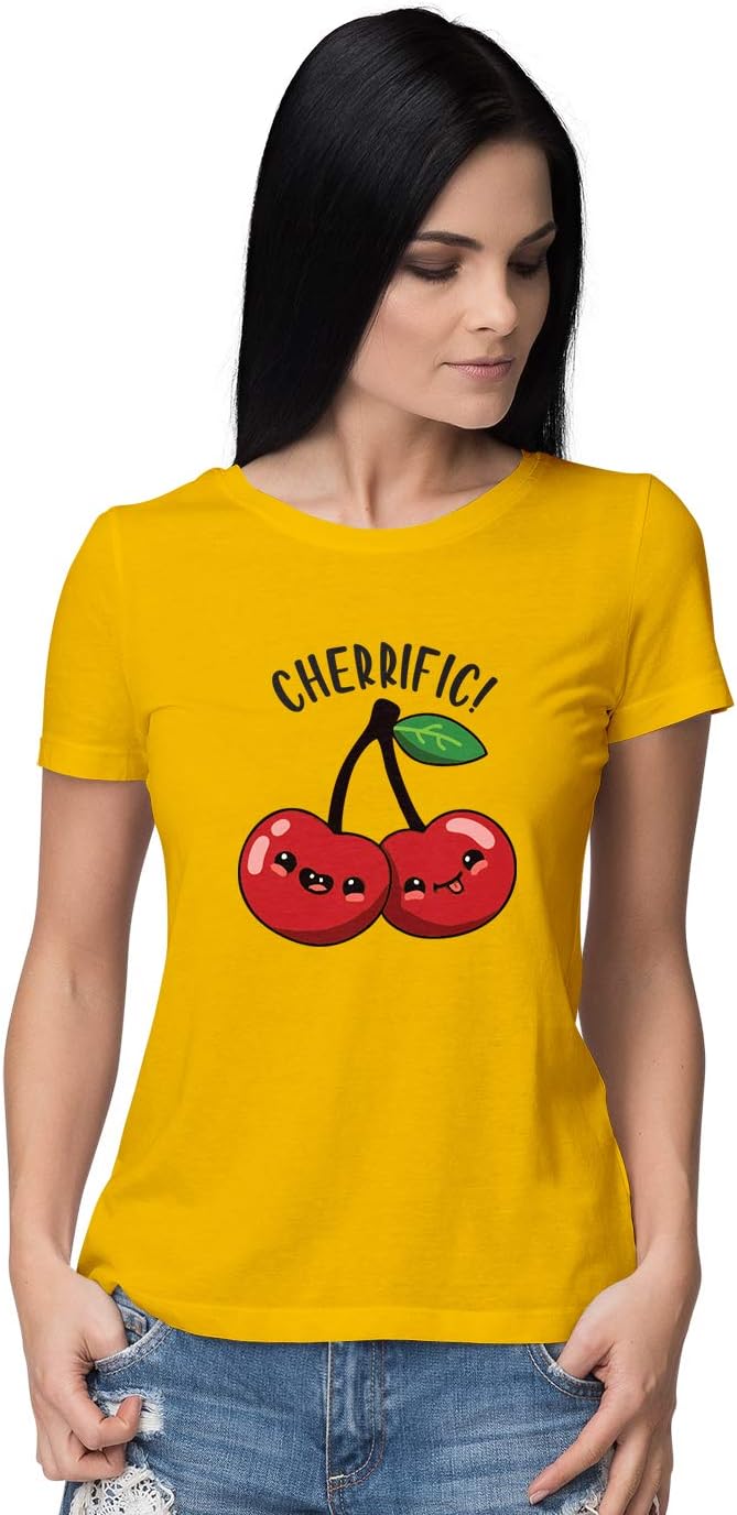 House Of Tees | Cherrific! T-Shirt | 100% Cotton Round Neck | Available in Ice-Blue, Grey, Yellow & White | for Female | Sanitized Packaging