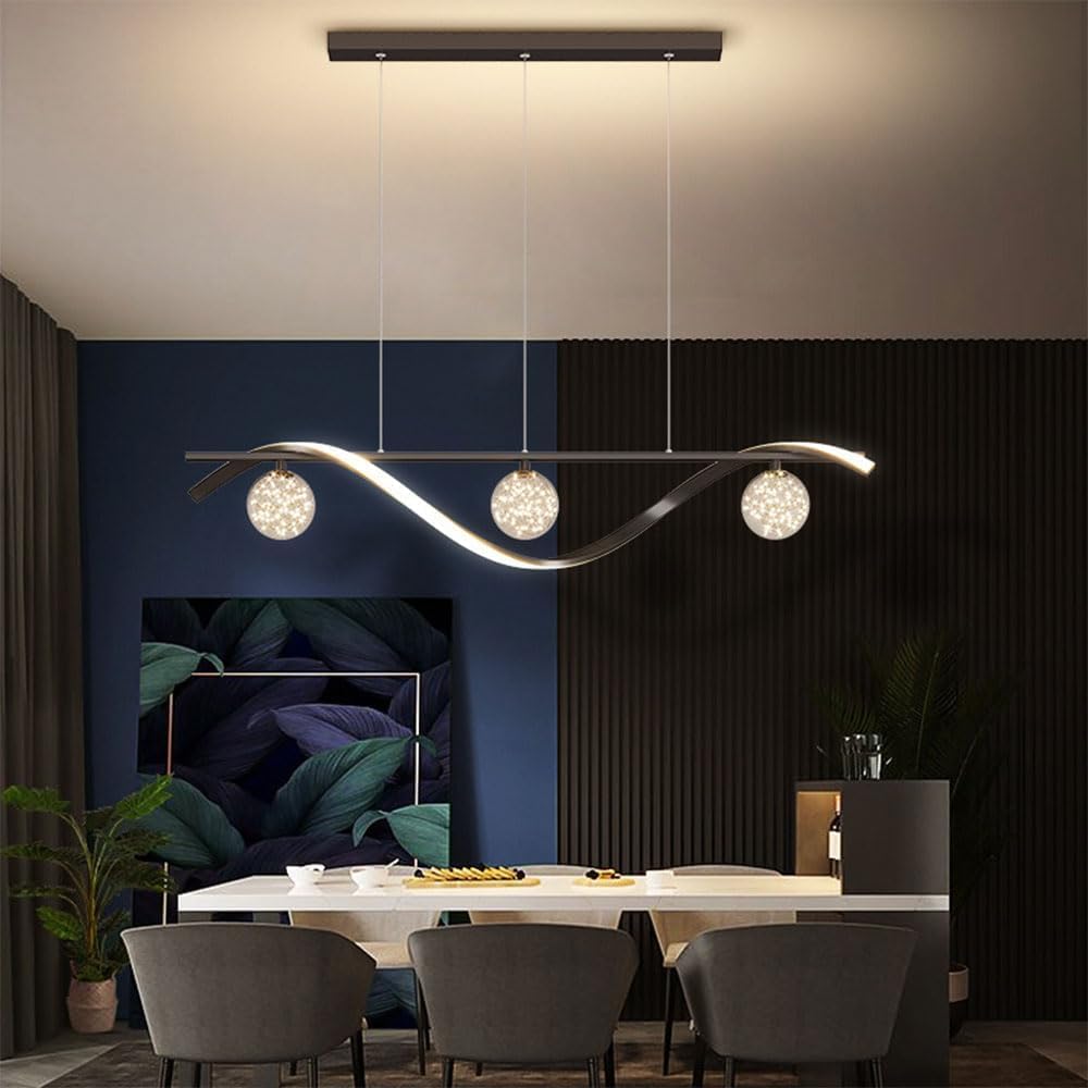 Wraparound Linear Led Chandelier 30W Pendant Lamp With Glass Balls Led Hanging Lamp Minimalist Indoor Lighting Dimmable Long Home Decor Adjustable Contemporary Lighting,Onecolor-Tricolor Light