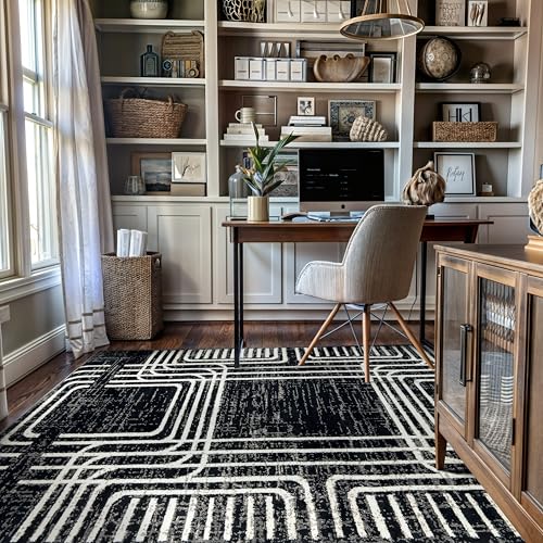 Rugshop Black and White Geometric Area Rug – Abstract Curved