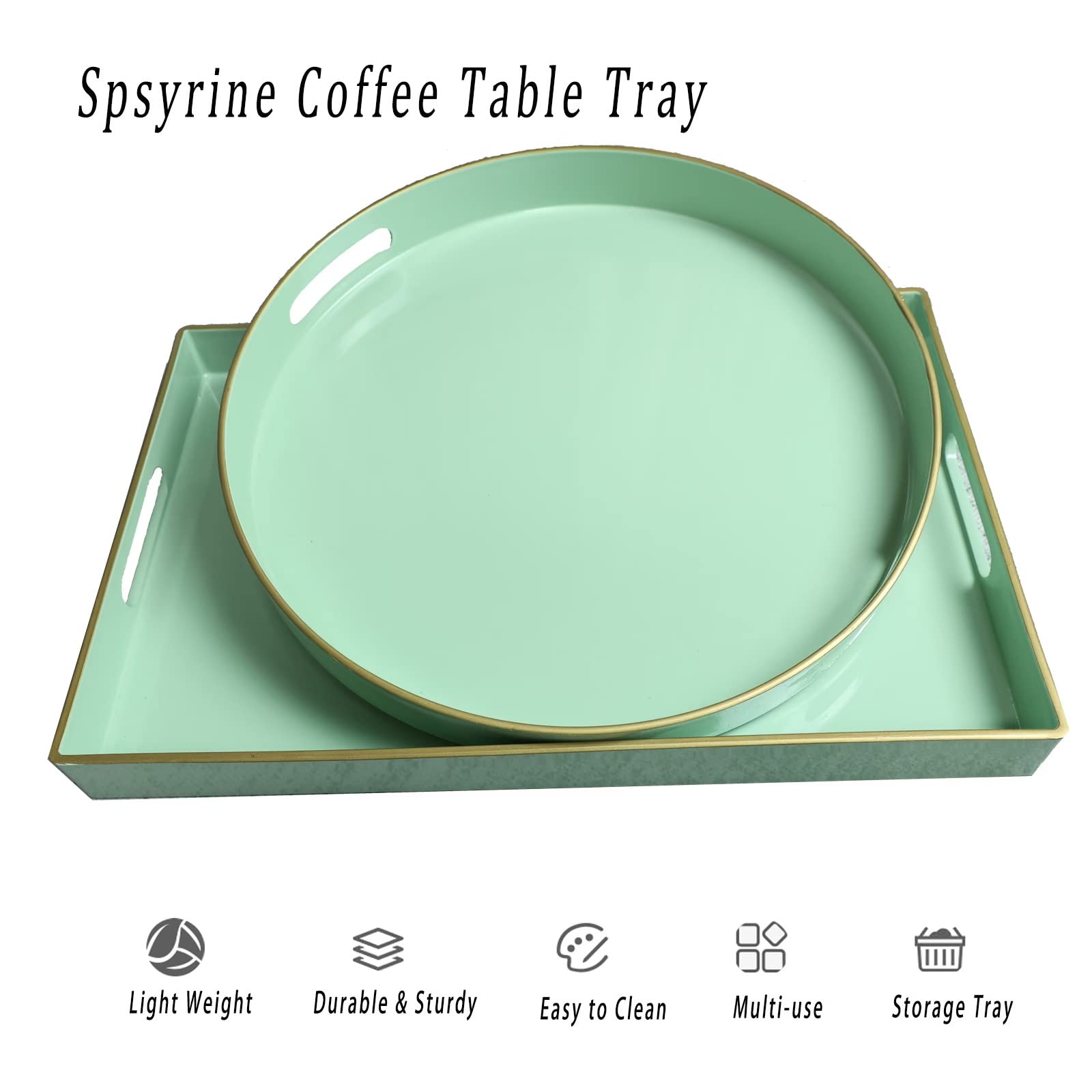 Spsyrine Round Green Decorative Tray, 13" Plastic Serving Table Tray with Handles for Breakfast, Round Modern Ottoman Tray for Coffee Table, Bathroom, Kitchen, Living Room