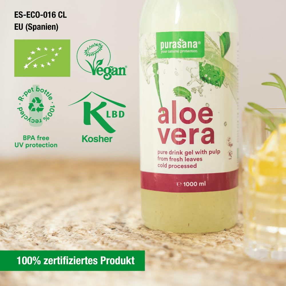 Purasana® Aloe Vera Saft Trinkgel 99,3% - 1L, Reines Kaltgepresstes Aloe Gel aus dem Inneren des Blattes, Fördert Hautgesundheit & Hydratation, Vegan & Bio-Zertifiziert