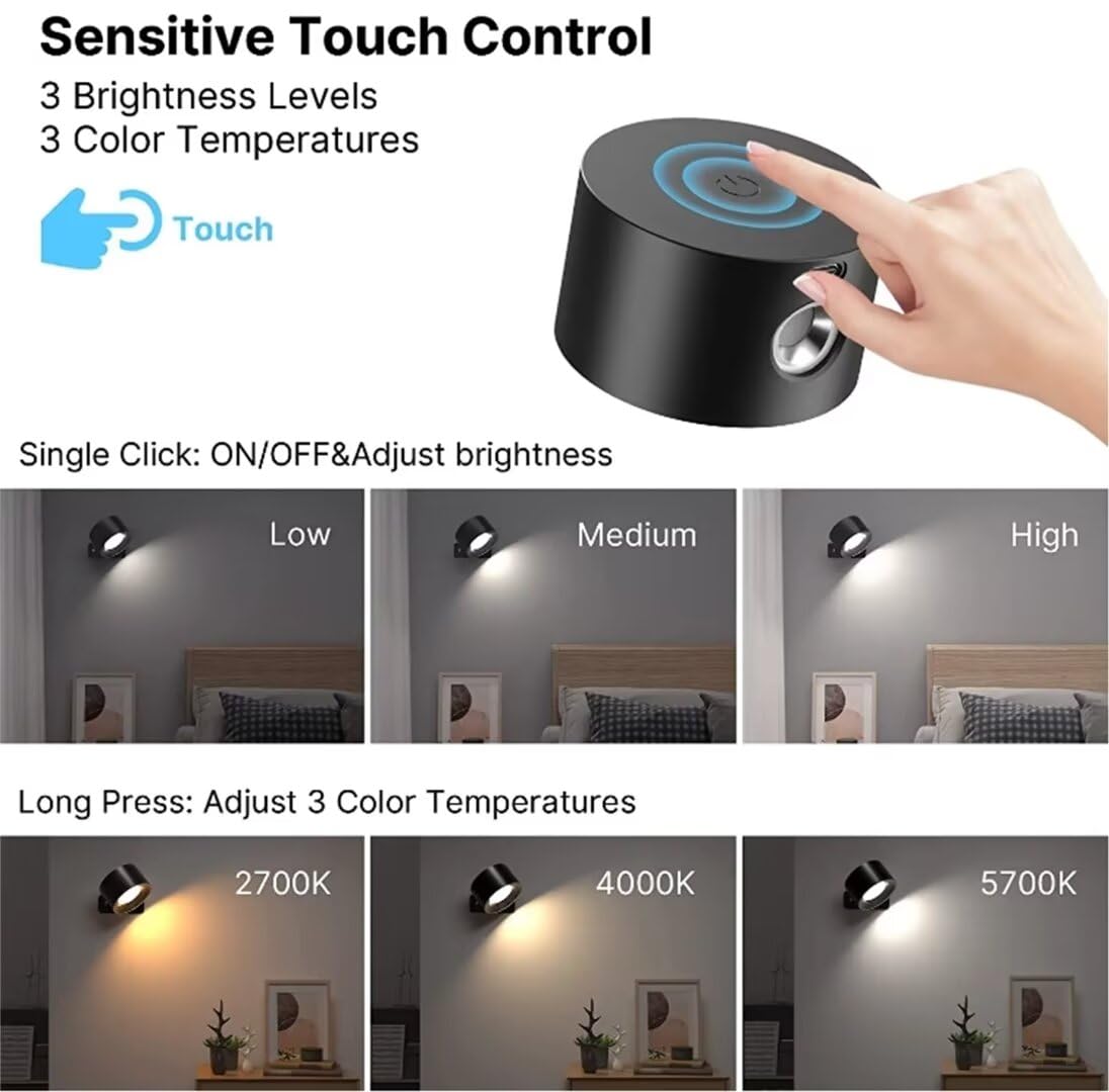Applique Murale LED Interieur, Télécommande Contrôle Tactile, Lampe Murale Sans Fil, Lampe Murale Rotative RGB, Applique Murale Intérieure avec 3 Couleurs Température