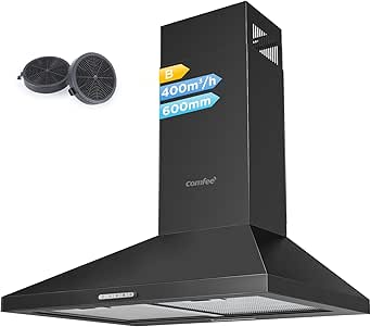 COMFEE' PYRA17B-60 Campana extractora 60 cm Campana extractora negra con LED, 400 m³/h, sistema de recirculación y canalización y filtros de carbón