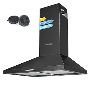 COMFEE&#x27; PYRA17B-60 Campana extractora 60 cm Campana extractora negra con LED, sistema de recirculación y canalización y filtros de carbón