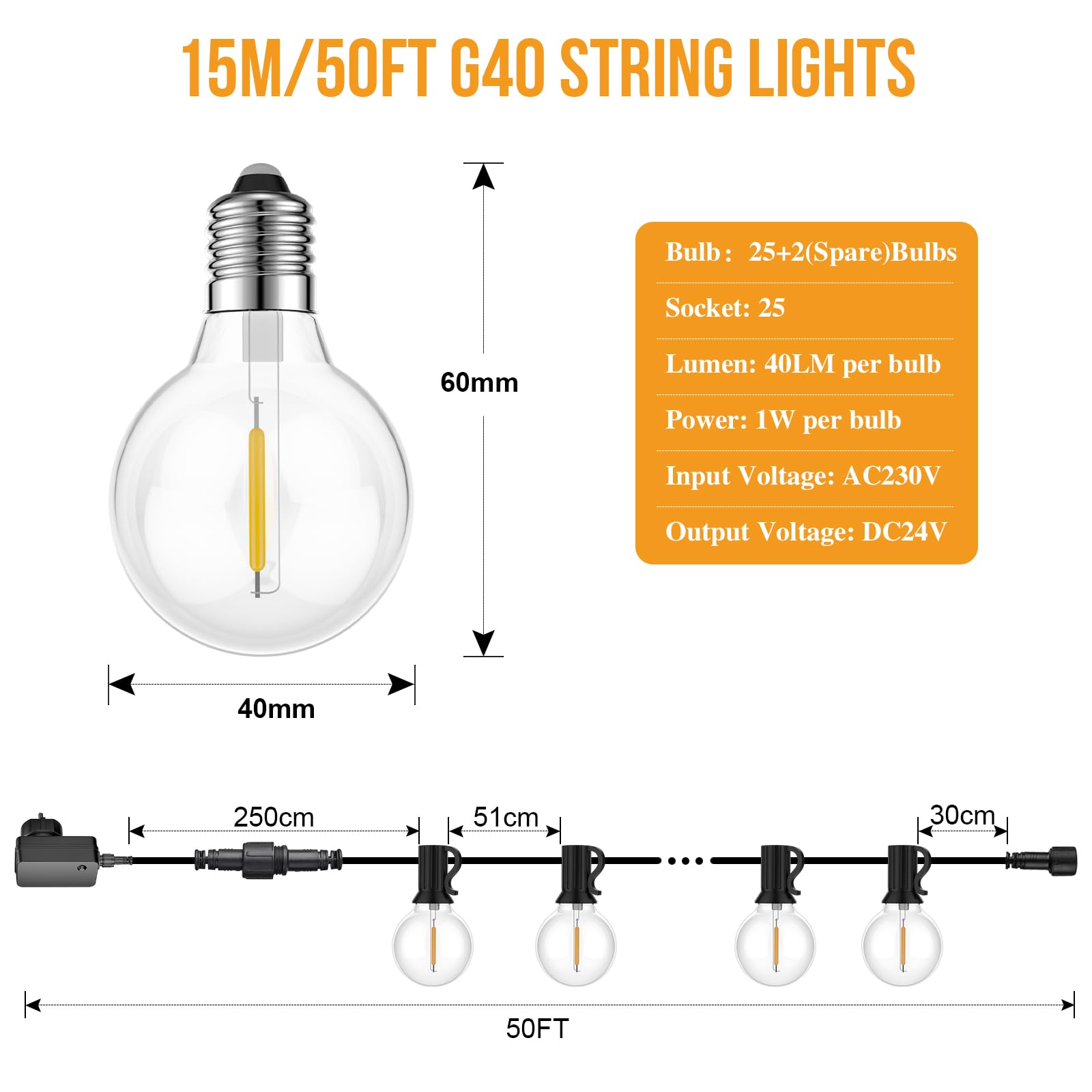 FANSANMY Catena Luminosa Esterno Dimmerabile, 15M Luci da Esterno Giardino con Telecomando, 25+1 Lampadine Infrangibili, IP45 Impermeabile, 2700K, Adatto per Giardini, Cortili, Bistrot, Case