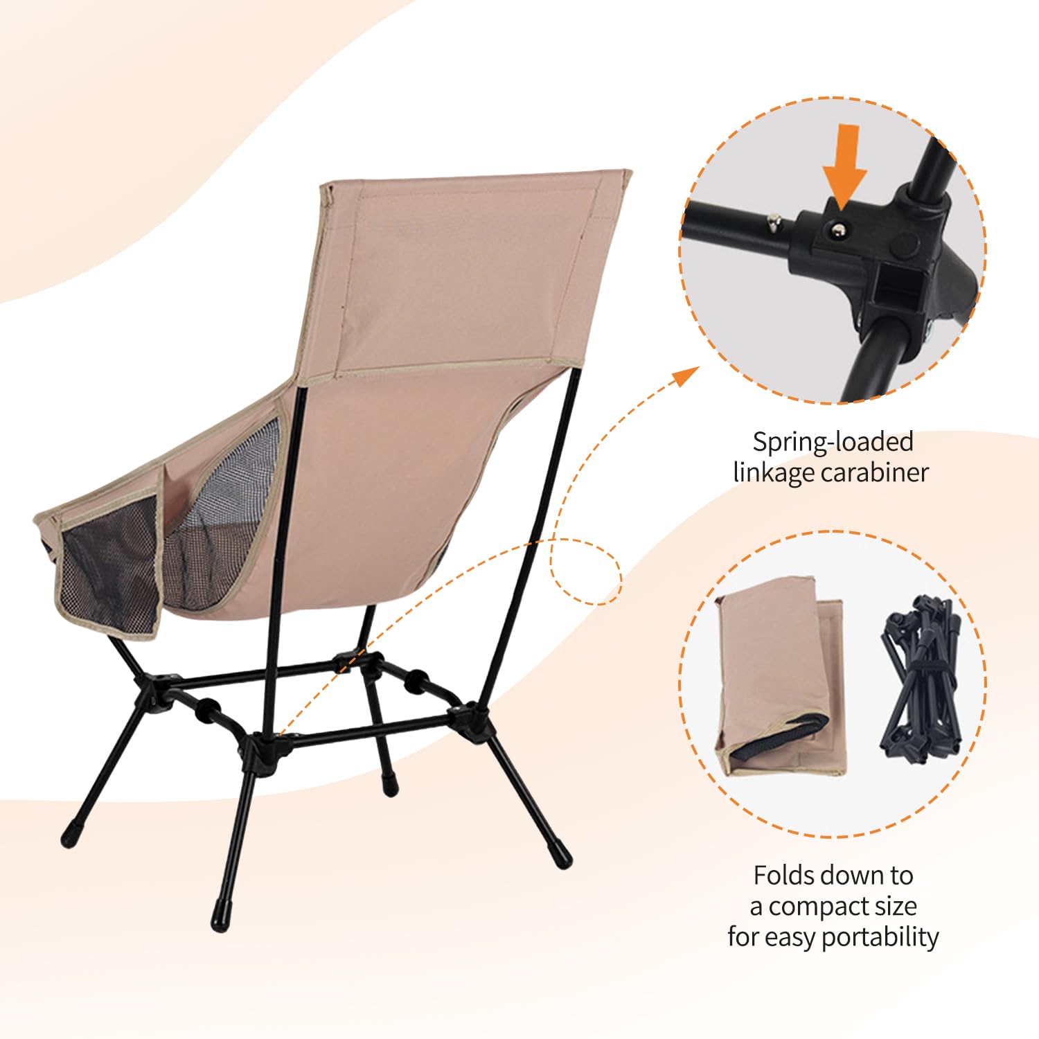 Sedie Campeggio Pieghevoli, Leggera Sedia da Campeggio, Sedia Pieghevole Portatile con Custodia Laterale,Max 150kg, Sedia Leggera per Campeggio, Pesca, Picnic, Festival (Cachi)