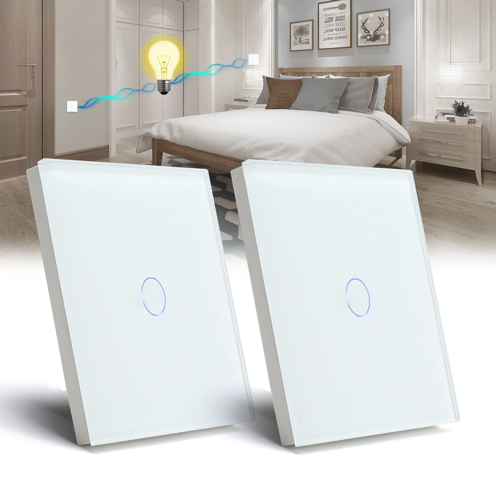 BSEED 2 Pack Touch Light Switch 1 Gang 2 Way, Tempered Glass Panel Light Switches with LED Indicator, White Touch Sensitive Light Switch-No Neutral Wire