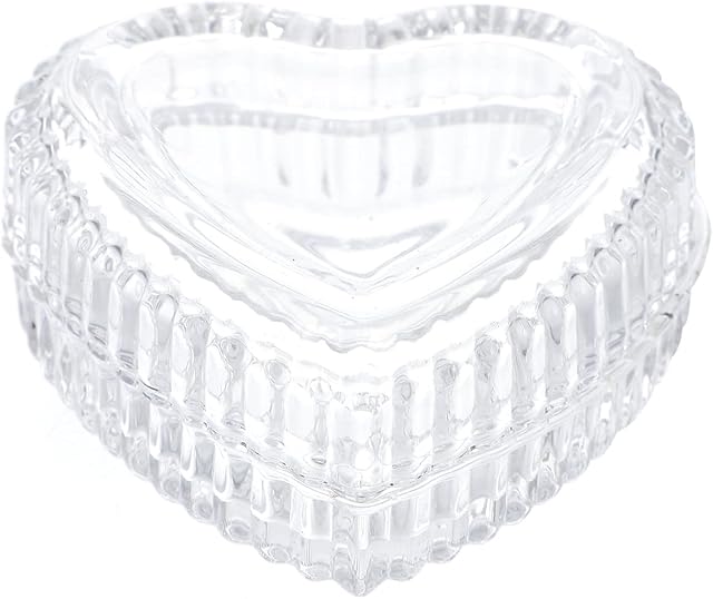 BESPORTBLE Crystal Clear Containers Crystal Glass Heart Shape Jewelry Box Embossed Trinket Storage Box Candy Case Jewelry Organizer with Lid for Wedding Valentines Day Gift Glass Penny Jar