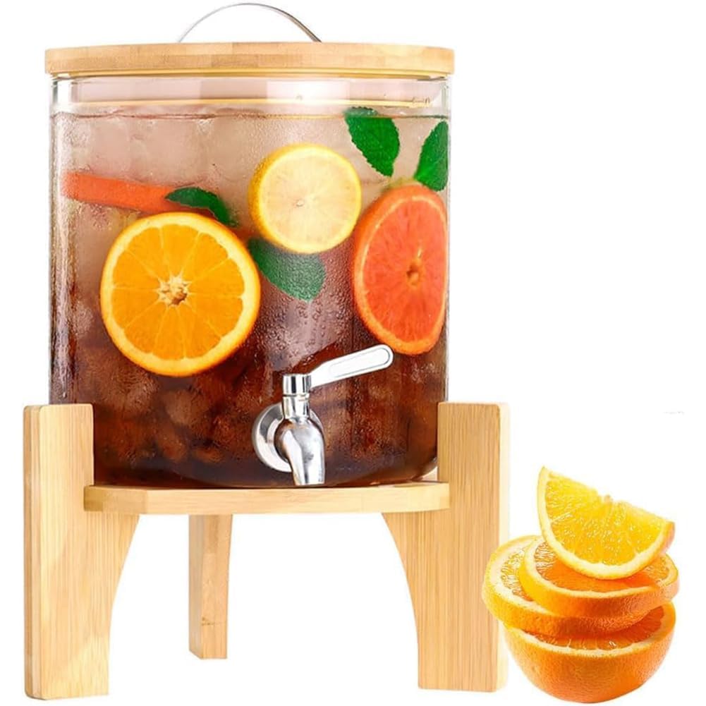 Distributeur de boissons en verre avec robinet inox et support bois