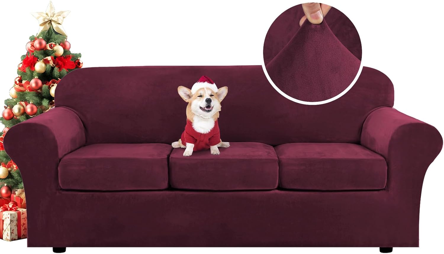 H.VERSAILTEX Modern Velvet Plush 4 Piece High Stretch Sofa Slipcover Sofa Cover Furniture Protector Form Fit Luxury Thick Velvet Sofa Cover for 3 Cushion Couch Width Up to 90 Inch(Sofa,Burgundy)