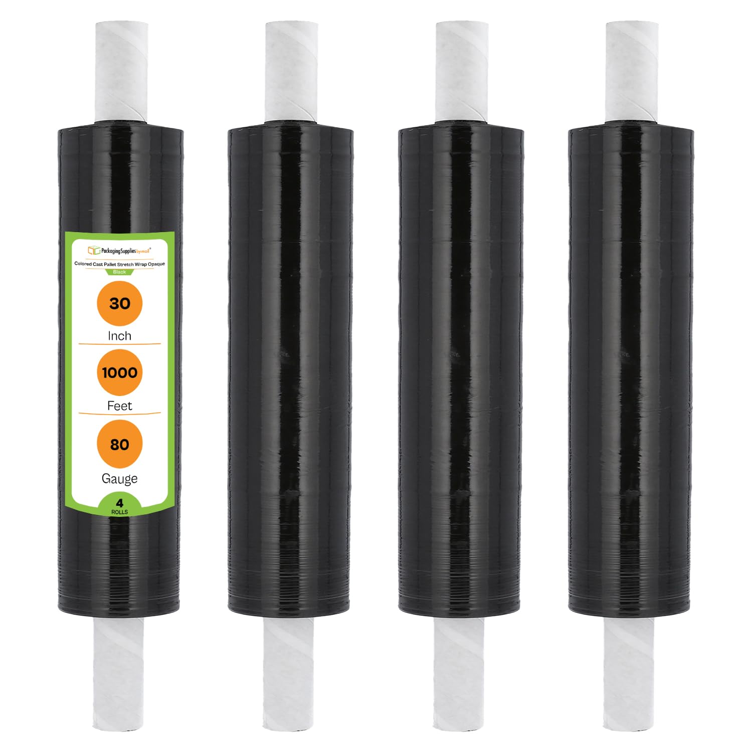 PSBM Stretchfolie mit Griffen, 4 Rollen, 76,2 cm x 300 m, 80 Gauge, robuste Kunststofffolie, industrielle Stärke, Schrumpffolie für Umzug, Verpackung und Versand, Dunkelschwarz