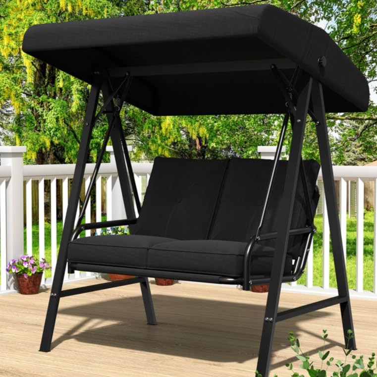 Image of AECOJOY 2-Seat Outdoor Patio Swing Chair with Adjustable Canopy, Porch Swings Chairs for Adult, Outside Swing Bench with Removable Cushion, Suitable for Backyard, Garden, Yard, Poolside, Balcon, Black