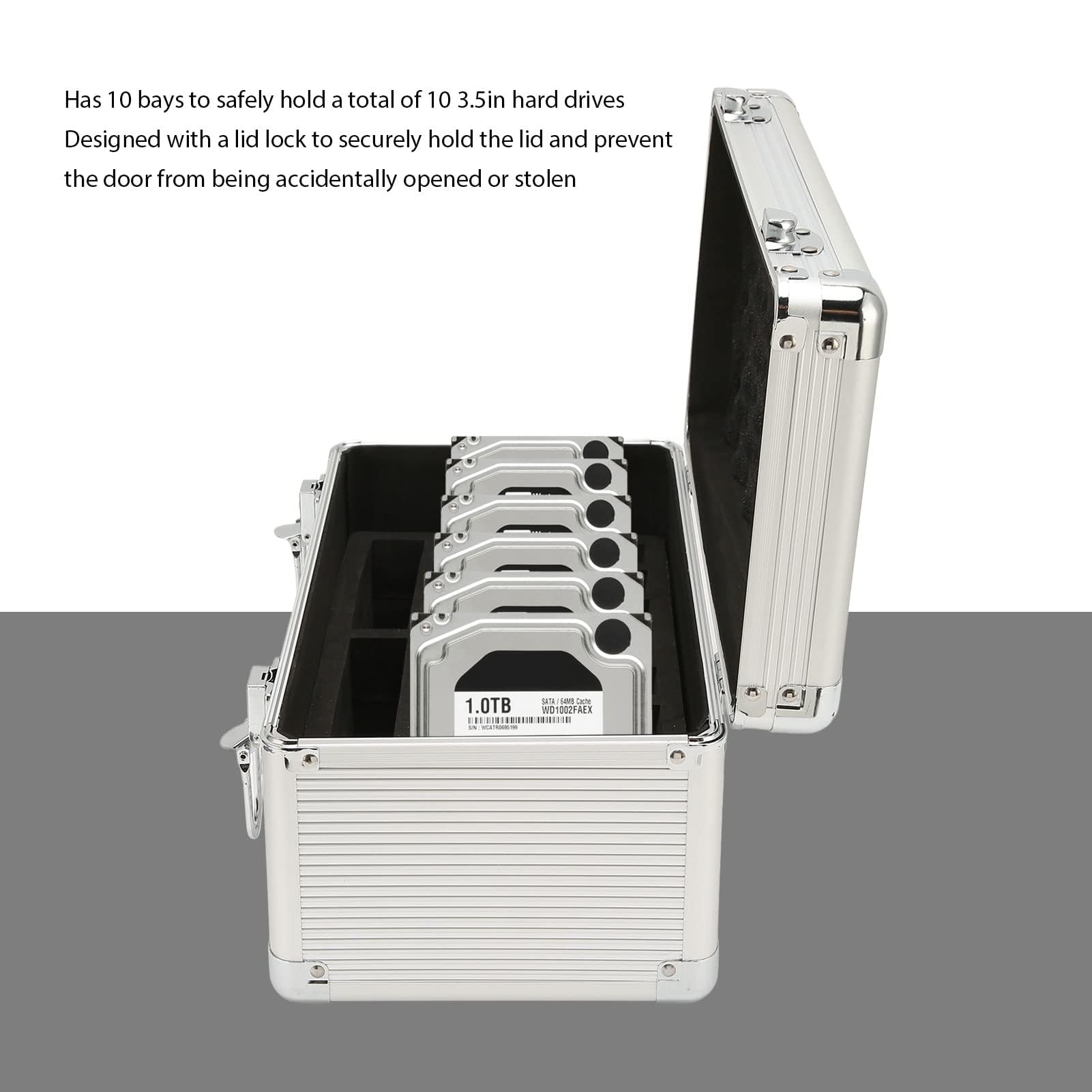 Caja de Almacenamiento para Disco Duro de 3,5", Maleta con Caja de Almacenamiento para Disco Duro con 10 Bahías, Estuche de Transporte para Disco Duro Externo con Diseño de Bloqueo de Seguridad