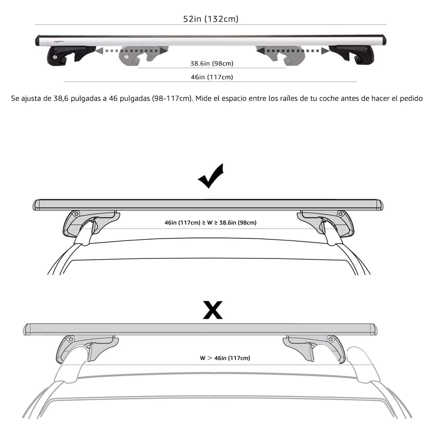 Amazon Basics portaequipajes de techo con rieles cruzados, 52 pulgadas, se adapta a tramos de hasta 46 pulgadas entre rieles laterales elevados con espacio, paquete de 2, negro/plateado