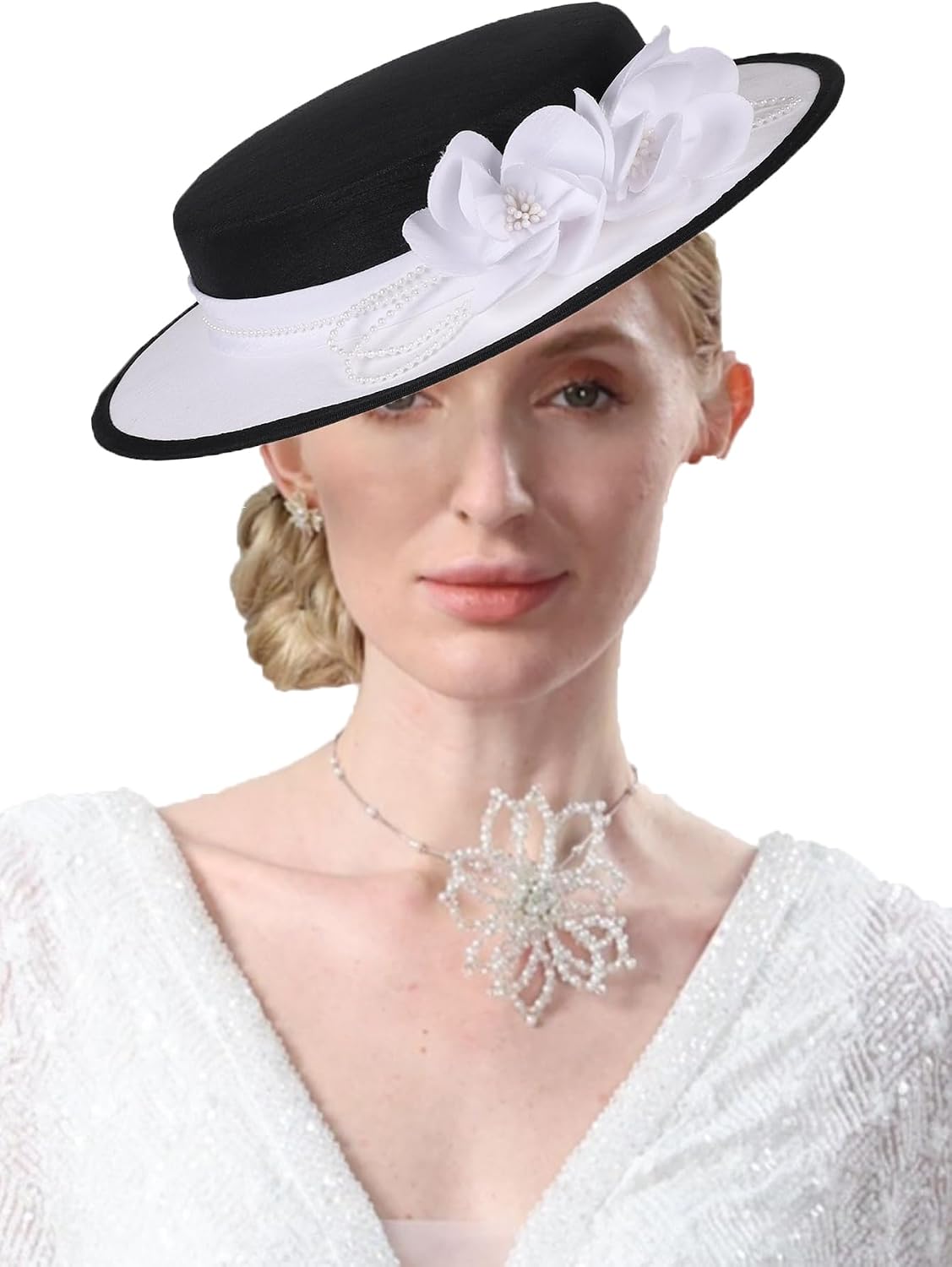 Wide Brim Church Hat for Women - Fascinator with Flower Bead,Bridal Wedding Tea Party Dress Formal Cocktail Flat Top Hats
