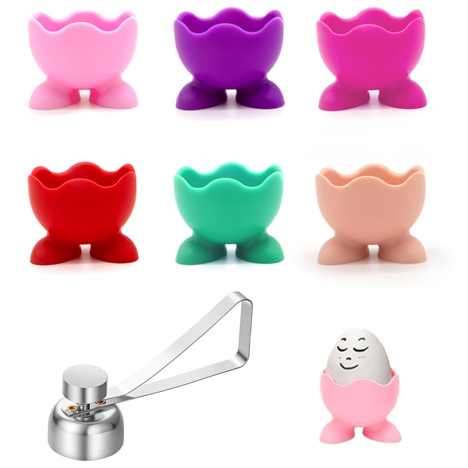 6 Colourful Silicone Egg Cups with 1 Stainless Steel Egg Opener Set,Novelty Boiled Egg Holder for Kids & Adults Soft & Hard Boiled Egg Holder for Kitchen Breakfast Easter Stackable Non-Slip Base