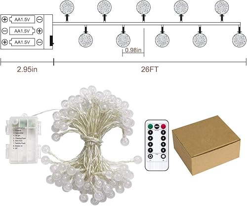 Miniatura 8 de Metaku Guirnalda de luces RGB para exteriores, funciona con pilas, 26 pies, 50 luces LED con control remoto, impermeable, para interiores y