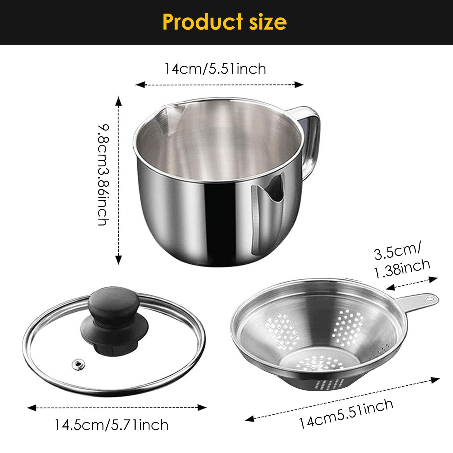 Tissting Récipient à Graisse 1000 ml Acier Inoxydable avec Passoire et Couvercle en Verre - Séparateur de Graisse pour Cuisson Design Bidirectionnel Chauffage par Induction 39.37 cm/15.5 inches