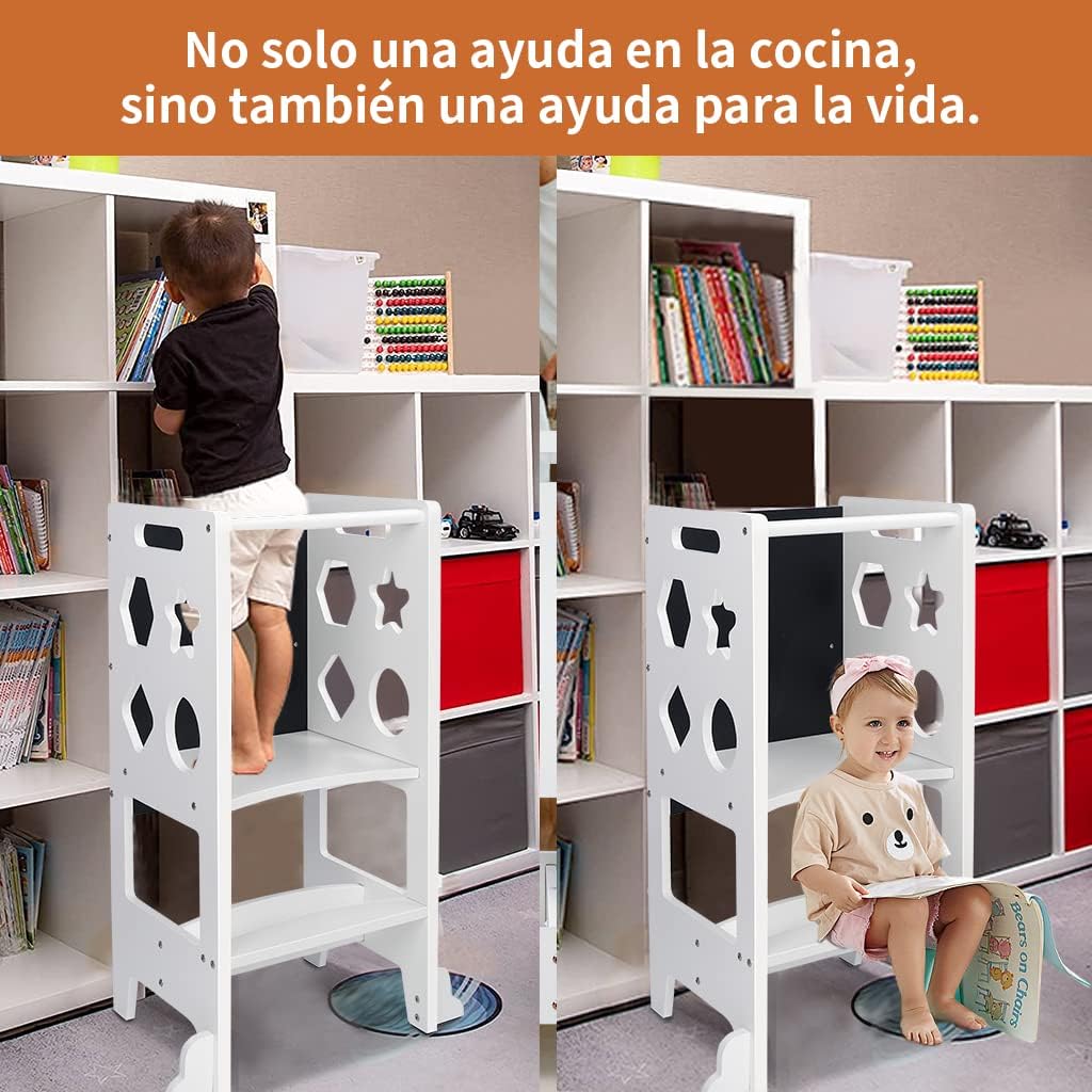 Dripex Torre de Aprendizaje de Madera, Taburete de Cocina para Niños, Torre Montessori bebés, Learning Tower con Pizarra Negra,Taburetes para bebé (Blanco - Estrella)