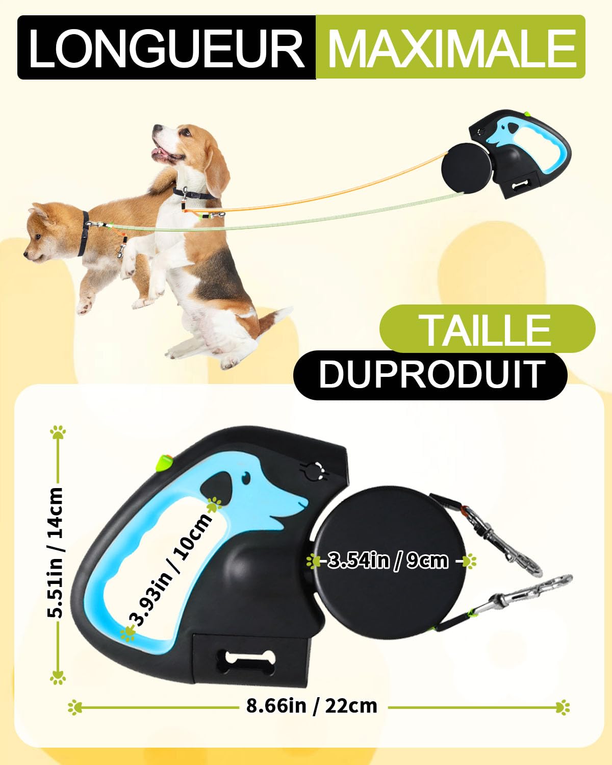 Laisse Double pour Chien Rétractable 3m, Rotation 360°, Promenade Facile pour 2 Chiens de Petite et Moyenne Taille, Poignée Antidérapante, Anti-Nœuds, LED et Distributeur de Sacs à Déchets, Bleu