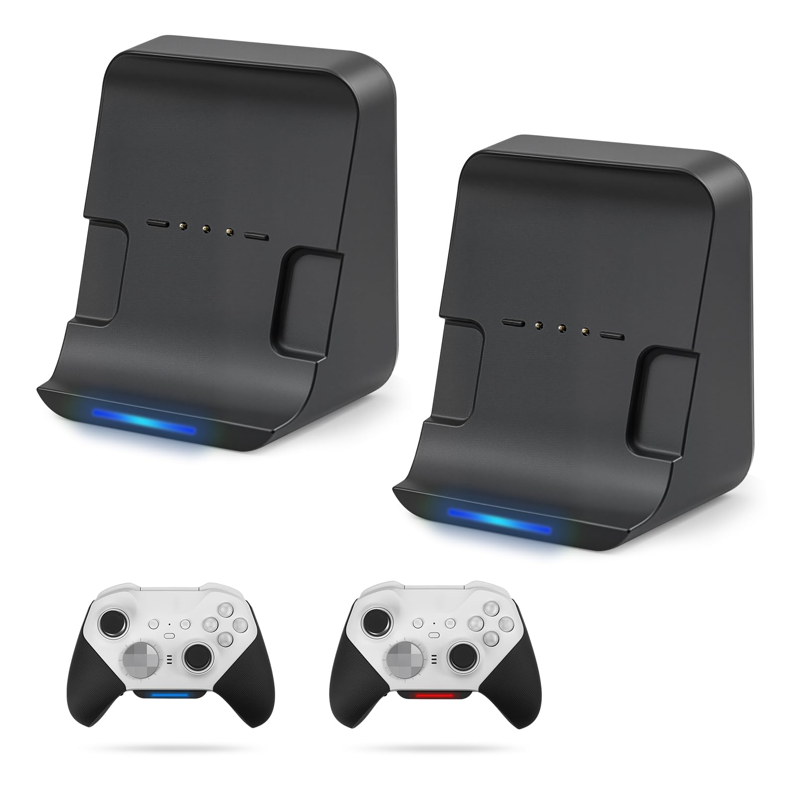 Lot de 2 stations de charge murales peu encombrantes pour manette Xbox Elite Series 2, support de bureau fin avec indicateur de charge RVB, câble de type C de 1 m, rester prêt à jouer