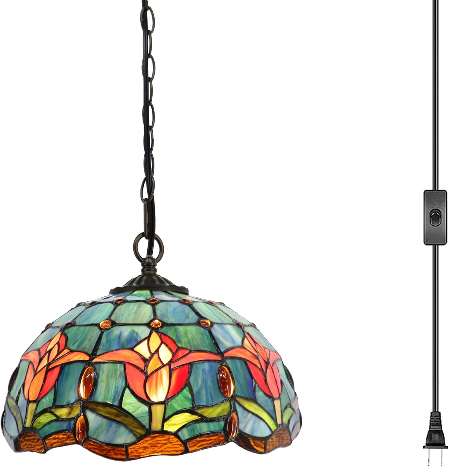 Tiffany Pendant Light Plug in, 12 inches Stained Glass Hanging Lamp, 39 Inch Chain, 15 Feet Cord Living Room Bedroom Kitchen Dining Room Office (Tulip Style)