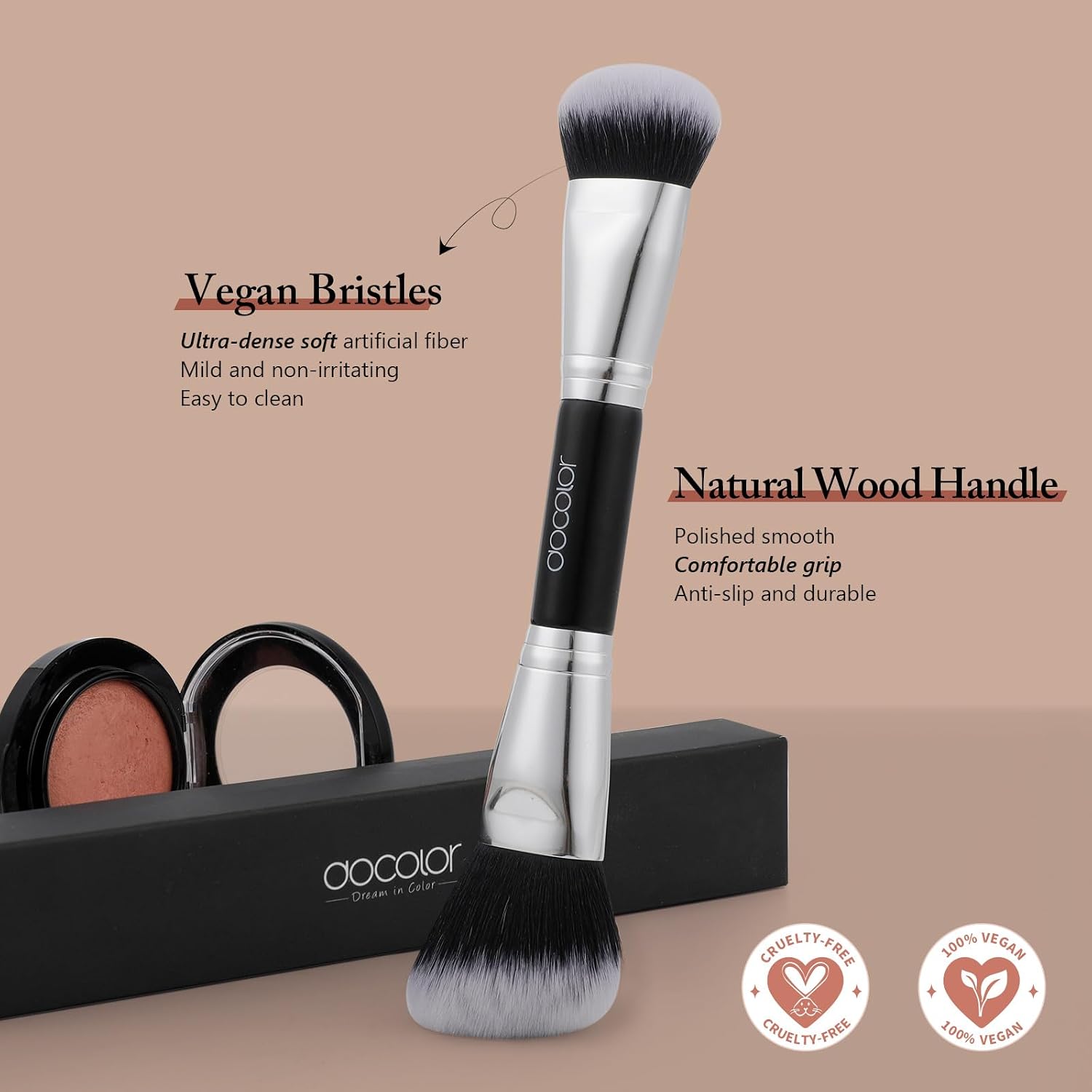 docolor 2-in-1 Foundation & Bronzer Brush, Dual-Ended Face Makeup Brush with Ultra-Soft Synthetic Bristles, Perfect for Blending Liquid, Cream, Powder, 100% Vegan and Cruelty-Free
