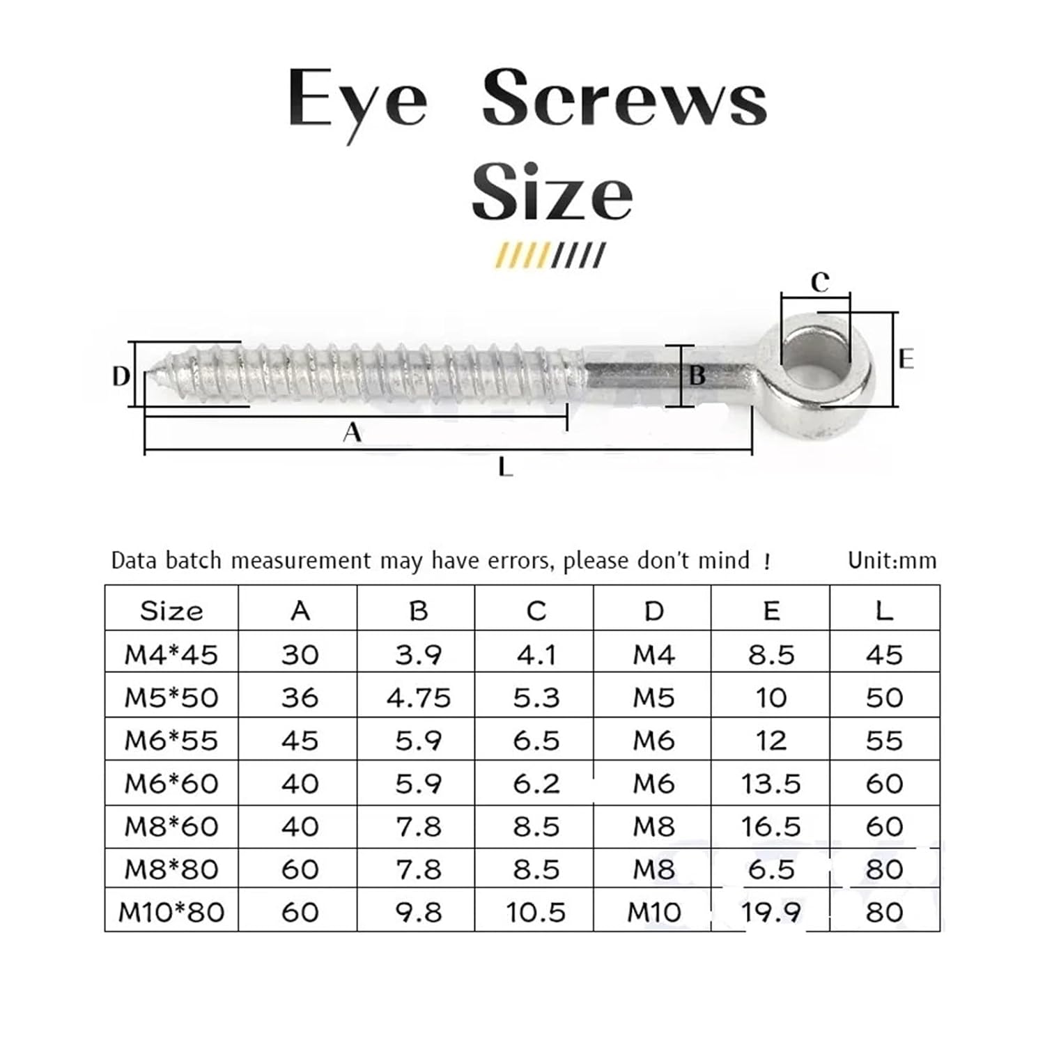 10 PCS Stainless Steel 316 Eye Shape Self Tapping Screws Eyelet Ring Hooks for Wood Terminal and Wire Rope Accessories(M10X80MM)