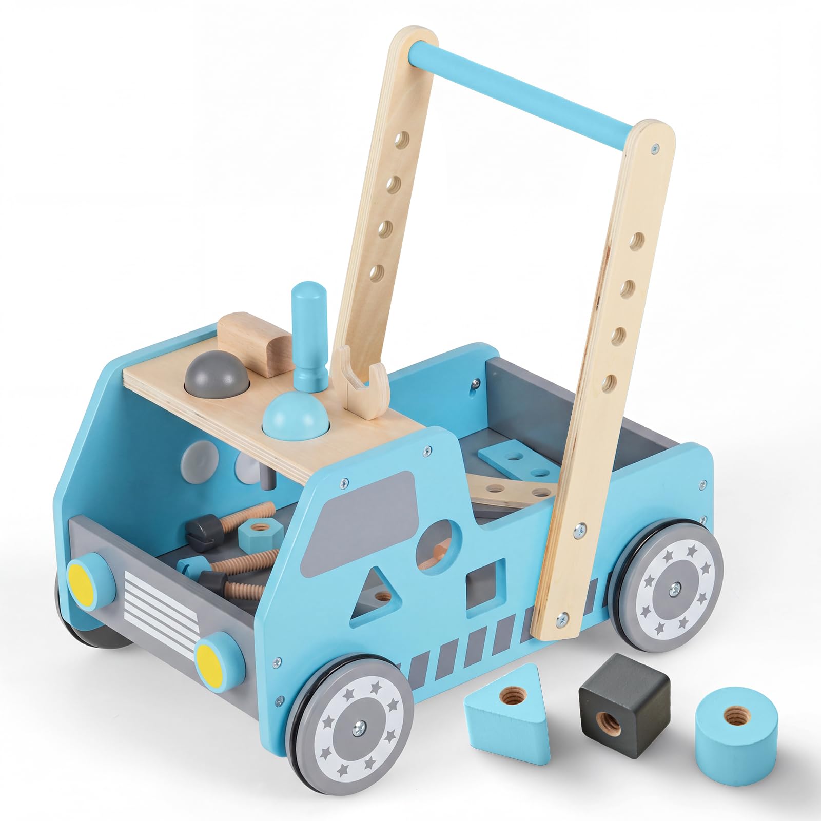COSTWAY Wooden Baby Walker, 2 in 1 Push Along Walkers and Toy Tool Bench with Adjustable Speed, Bottom Storage, Toddler Activity Walker for Develop Motor Skills & Creativity (Blue)