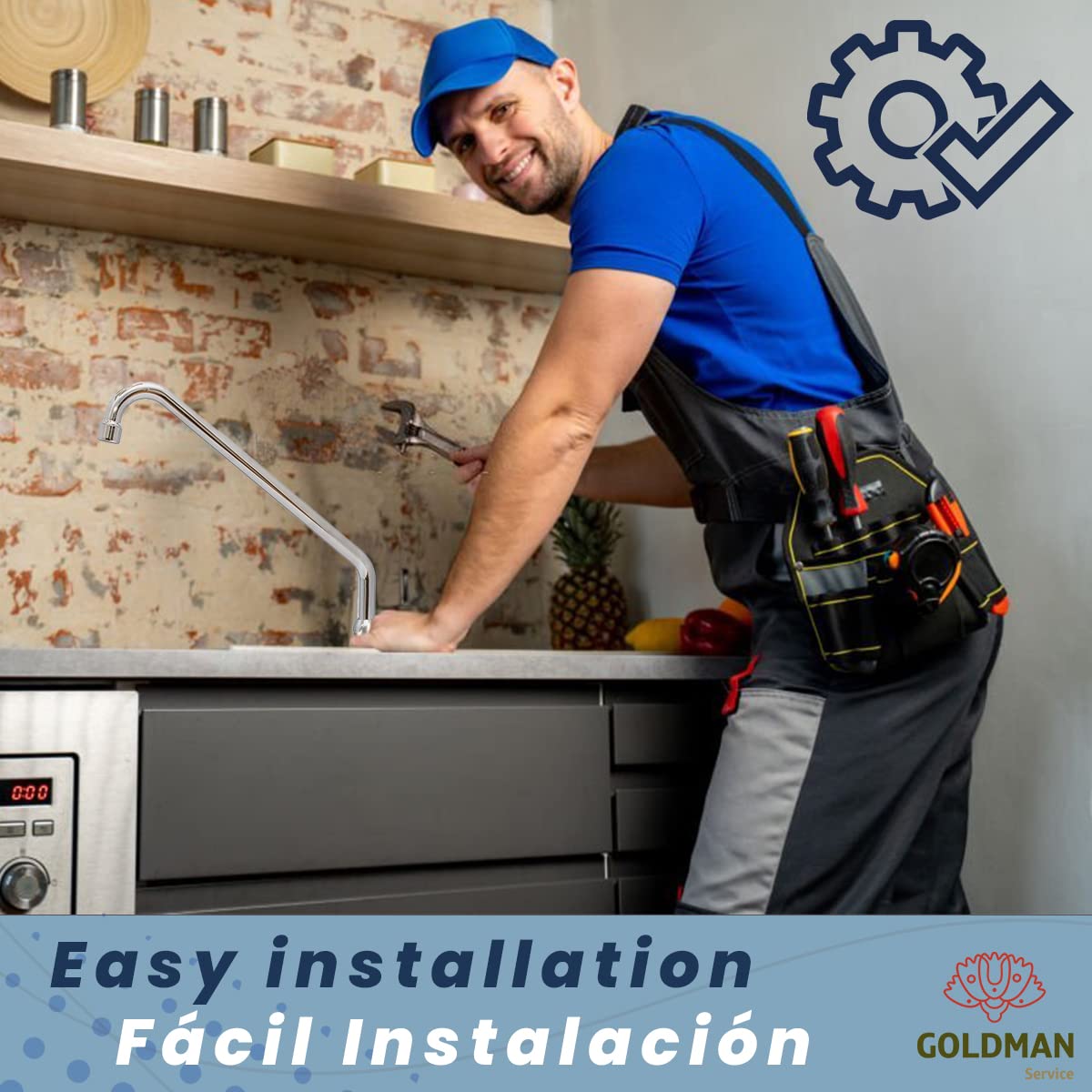 GOLDMAN SERVICE Set de Grifo Pedal para Fregaderos Industriales Hostelería - Caño Alto - Latiguillo - Adaptador conexión para dos aguas Fría - Caliente