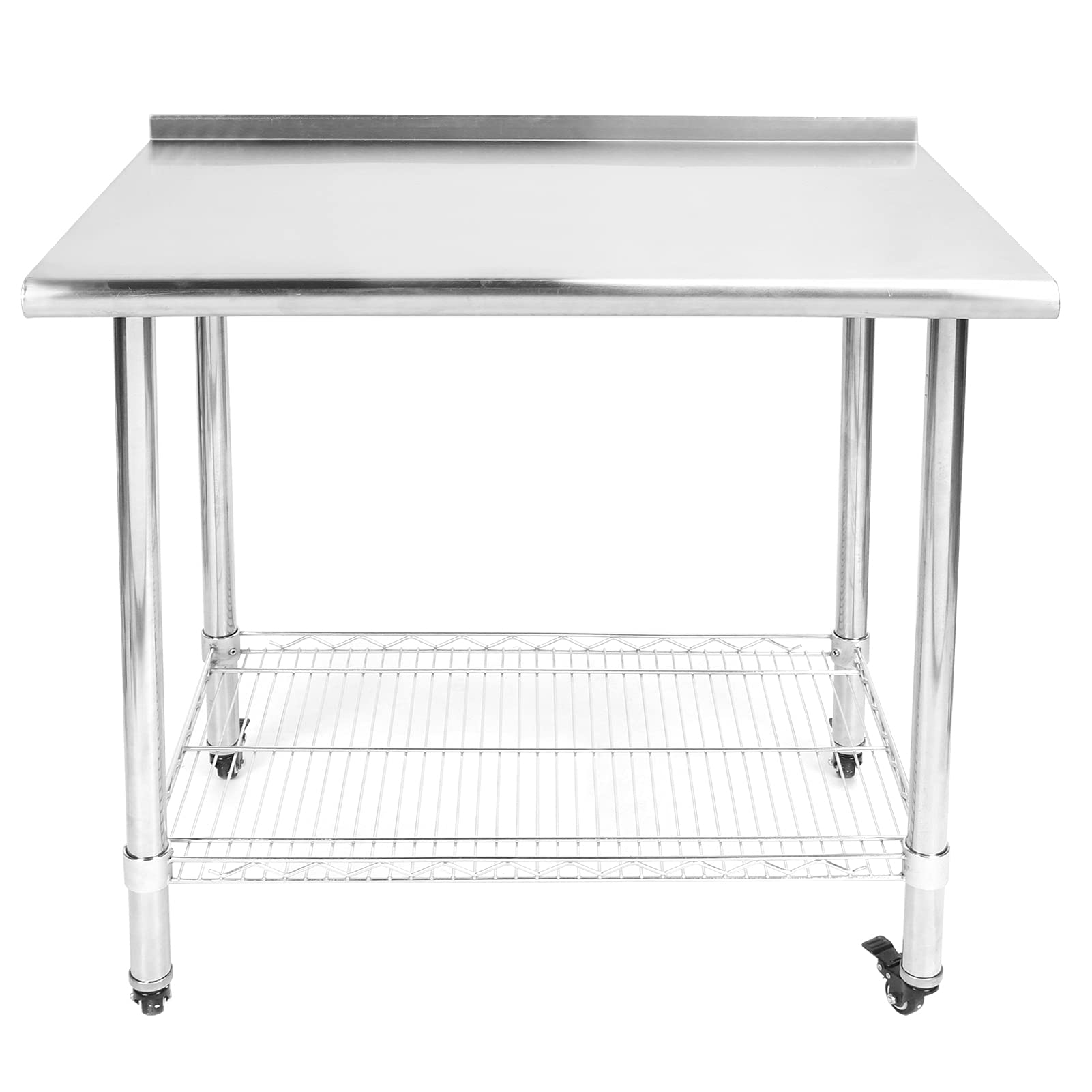 Wakects Mesa de Trabajo de Acero Inoxidable con 2 Niveles, con Frenos de Ruedas, Mesa de Cocina Gastronómica de Almacenamiento