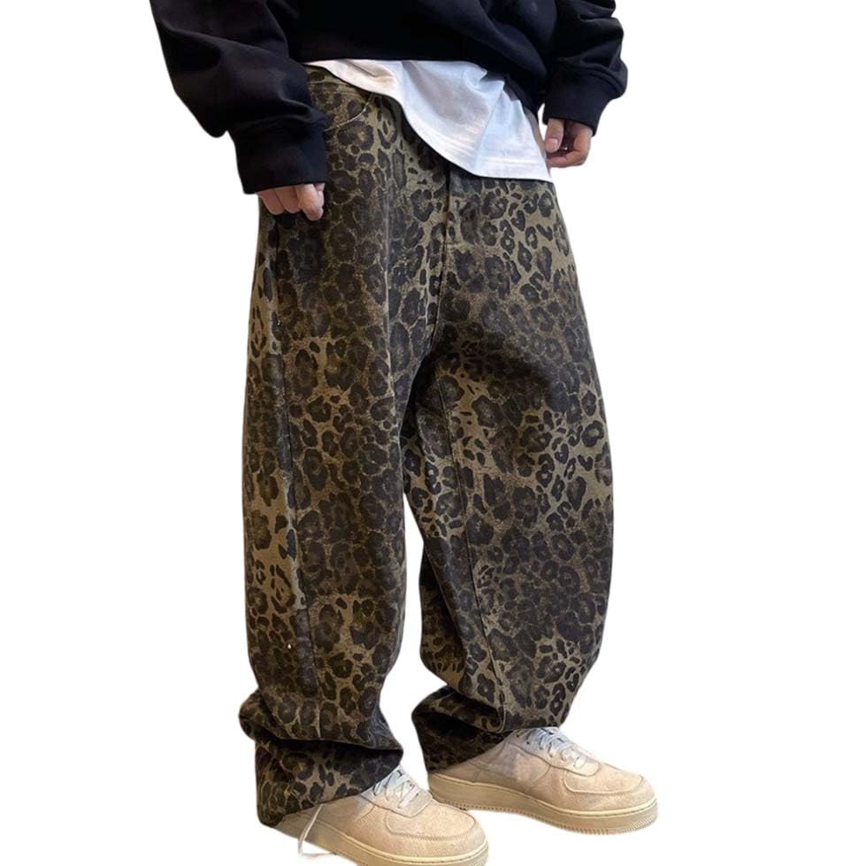 Men's Leopard Print Cargo Jeans Vintage Denim Loose Fit Hip Hop Style Dance Skateboard Pants Harajuku Wide Leg Jeans