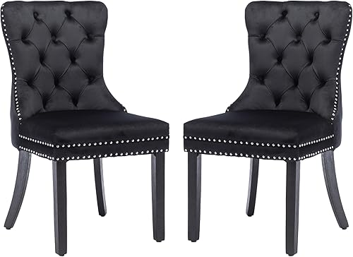 KCC Juego de 2 sillas de comedor de terciopelo, tapizadas de alta gama con anillo trasero de clavo, patas de madera maciza, estilo moderno de la KCC Juego de 2 sillas de comedor de terciopelo, tapizadas de alta gama con anillo trasero de clavo, patas de madera maciza, estilo moderno de la